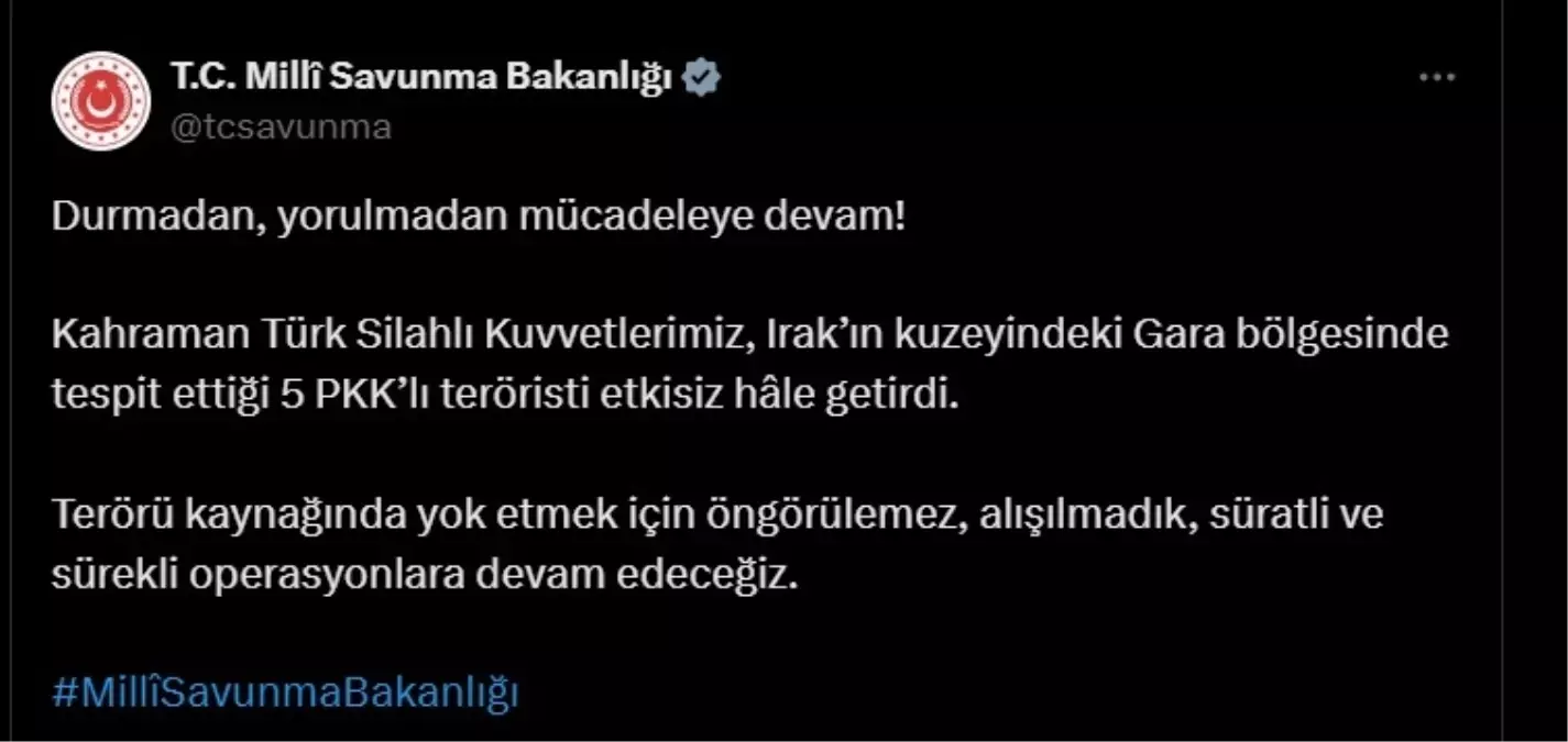 Gara’da 5 PKK’lı Terörist Etkisiz Hale Getirildi