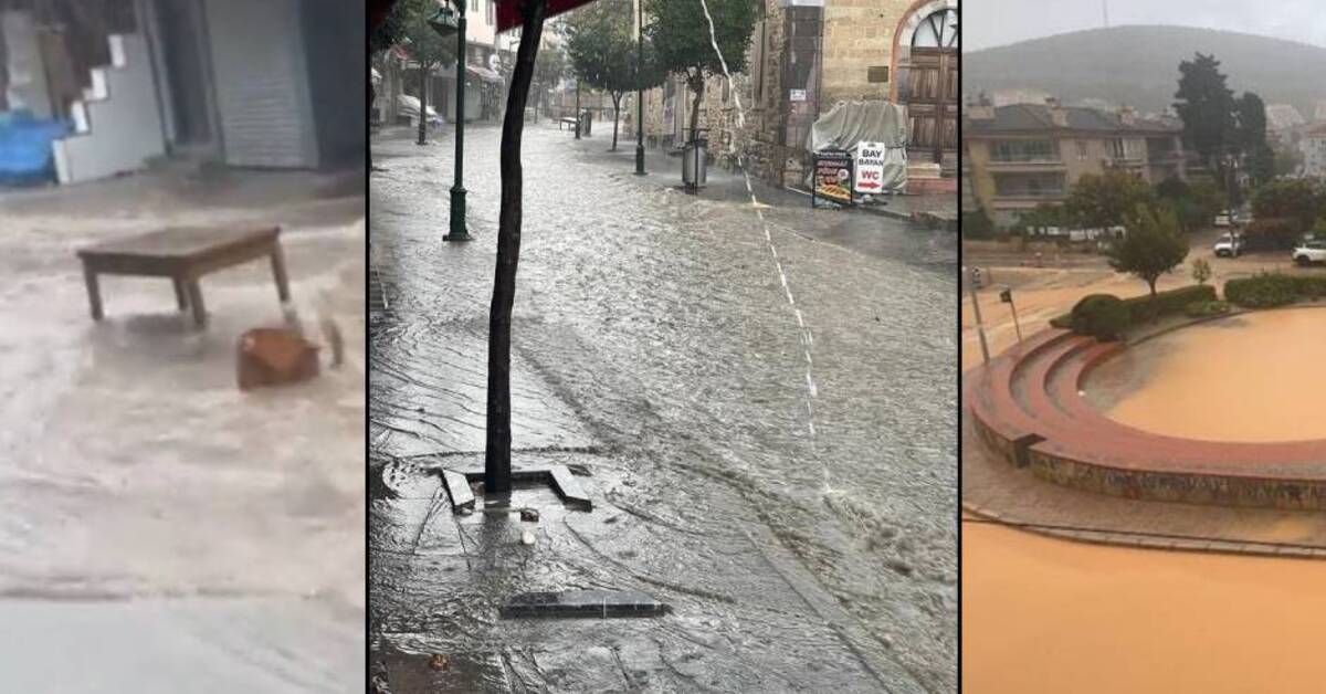 Çeşme’de sağanak: Masa ve sandalyeler akıntıya kapıldı