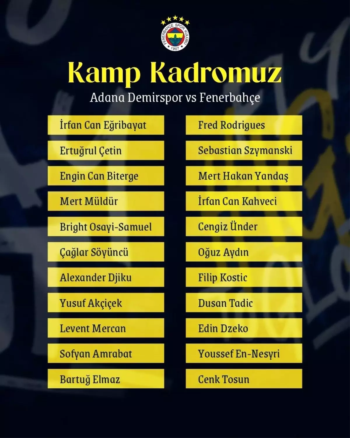 Fenerbahçe’nin Adana Demirspor Maç Kadrosu Açıklandı